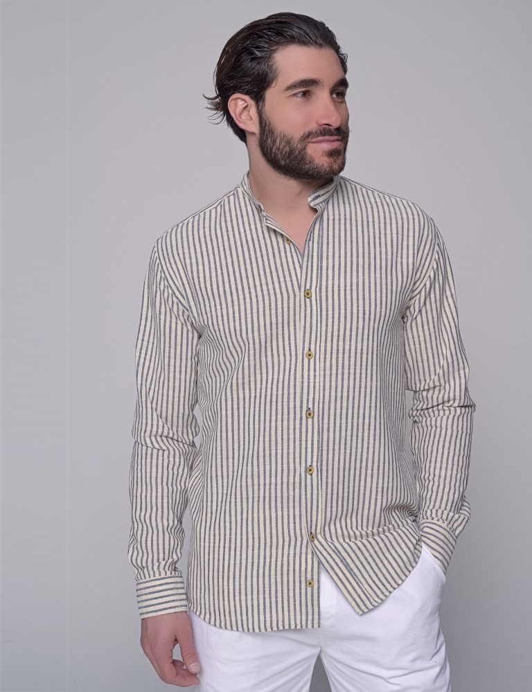 Ben Tailor Ben Tailor ανδρικό βαμβακερό μπλε ριγέ πουκάμισο με μάο γιακά 1284B